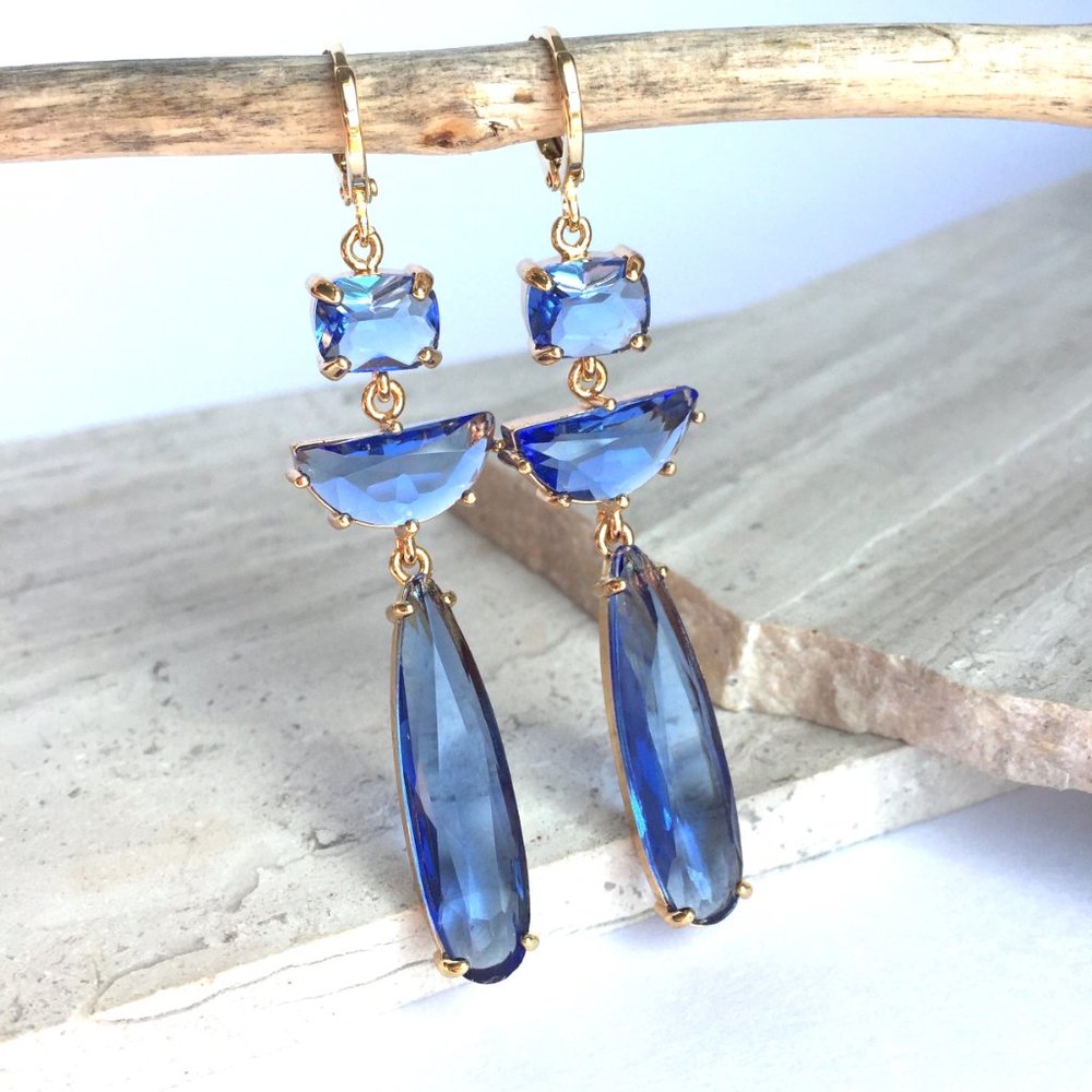 Blue — long stone prong set Earrings
